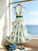 Rochie Midi Acteea Alba cu Print Floral Verde - imagine 3