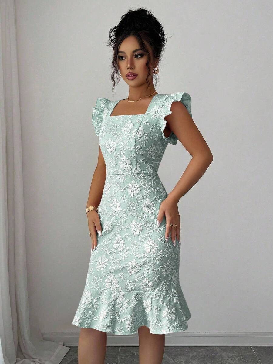 5949 Rochie Scurta Letitia Turcoaz cu Flori In Relief - imagine 1