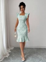 Rochie Scurta Letitia Turcoaz cu Flori In Relief - imagine 5
