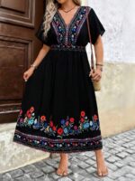 Rochie Lunga Yasmin Neagra cu Print Floral Multicolor - Marimi Mari - imagine 5
