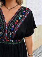 Rochie Lunga Yasmin Neagra cu Print Floral Multicolor - Marimi Mari - imagine 4