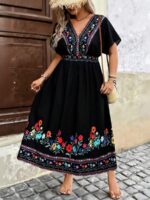 Rochie Lunga Yasmin Neagra cu Print Floral Multicolor - Marimi Mari - imagine 3