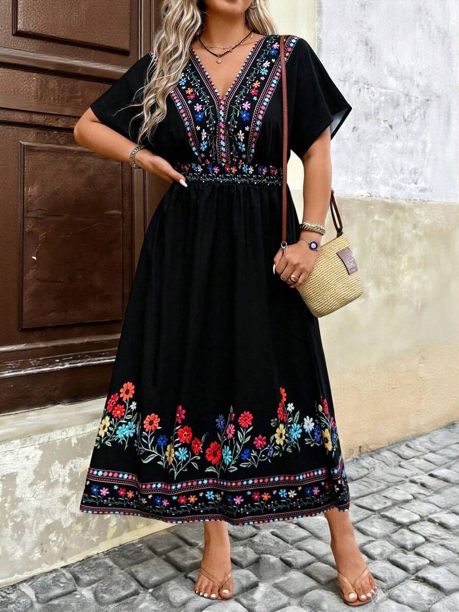 5968 Rochie Lunga Yasmin Neagra cu Print Floral Multicolor - Marimi Mari - imagine 1