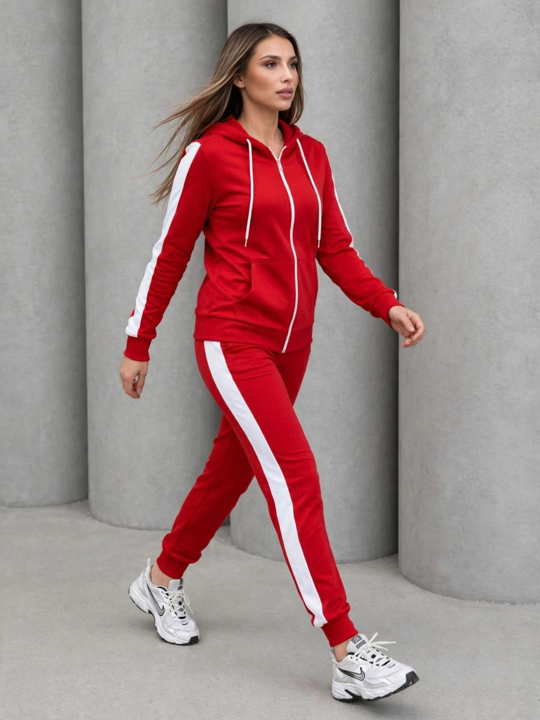 6023 Trening format din bluza cu fermoar si pantalon Estela Rosu cu Dunga Alba - imagine 1