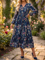 Rochie Midi Rosalie Bleumarin cu Print Floral - imagine 4