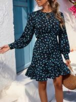 Rochie Scurta Nadine Neagra cu Print Floral Turcoaz - imagine 5