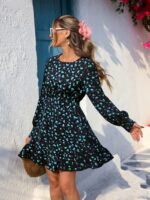Rochie Scurta Nadine Neagra cu Print Floral Turcoaz