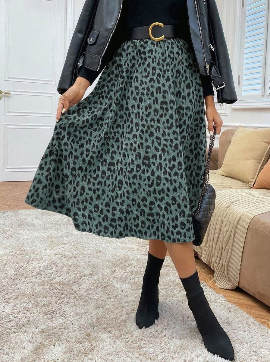 7023 Fusta Midi Angelica Turcoaz cu Animal Print - imagine 1
