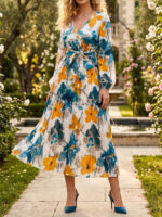 Rochie Lunga Criselda Alba cu Print Floral Galben si Albastru