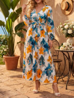 Rochie Lunga Criselda Alba cu Print Floral Galben si Albastru - imagine 3