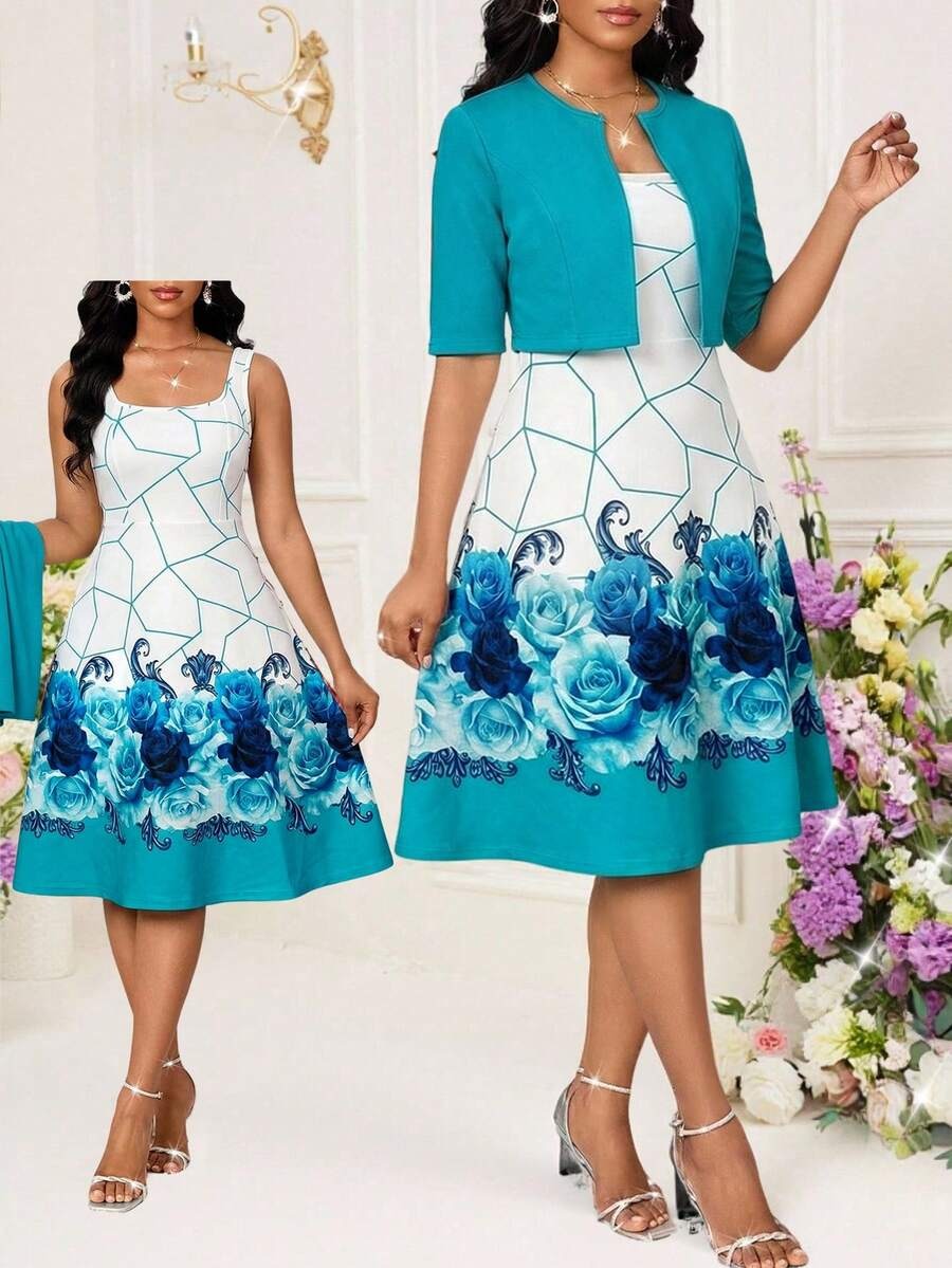 10080 Compleu cu Rochie Scurta Berita Bleu cu Print Floral Albastru - imagine 1