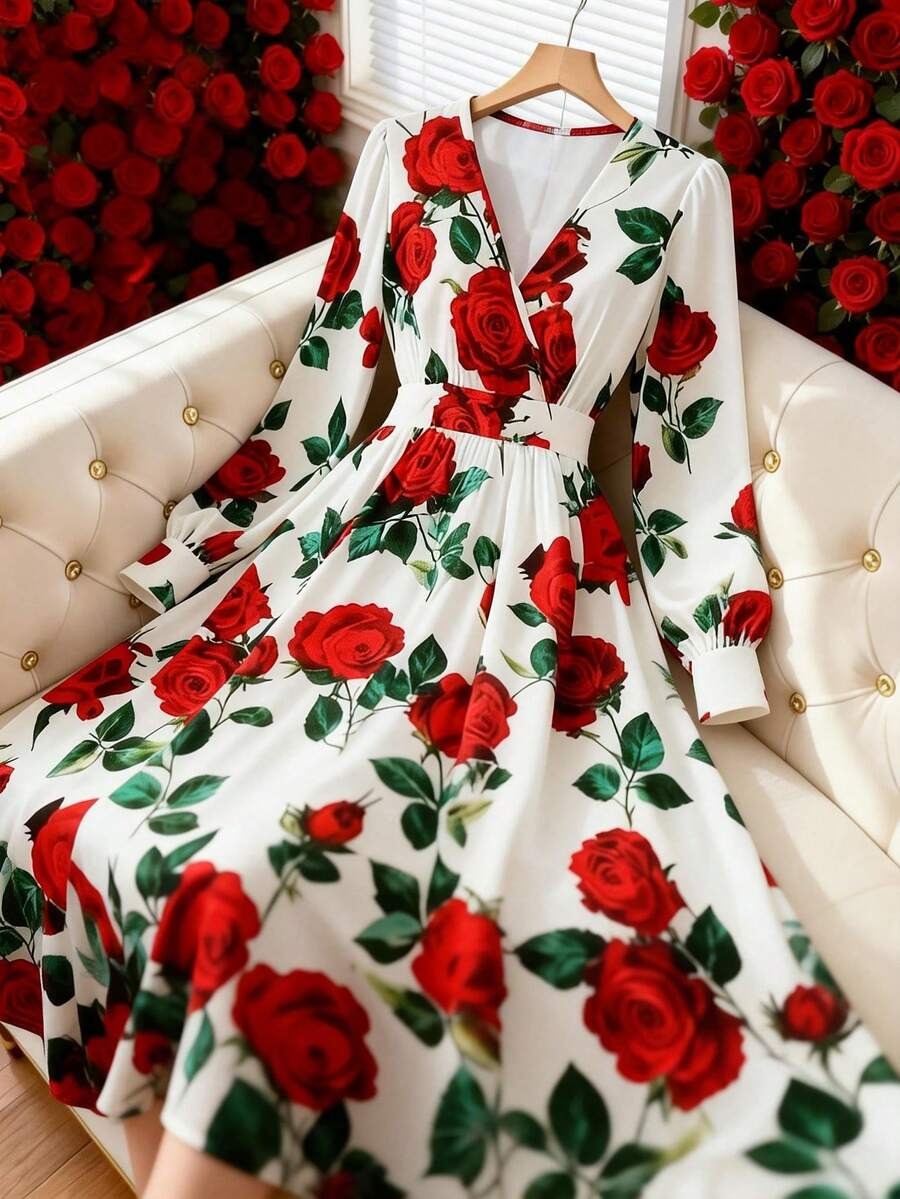 10102 Rochie Midi Adelinda Alba cu Print Floral Rosu - imagine 1