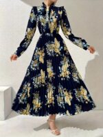 Rochie Lunga Silena Bleumarin cu Print Floral Bej - imagine 3