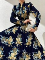Rochie Lunga Silena Bleumarin cu Print Floral Bej - imagine 4