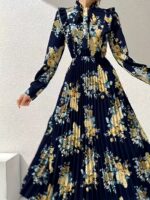 Rochie Lunga Silena Bleumarin cu Print Floral Bej - imagine 2