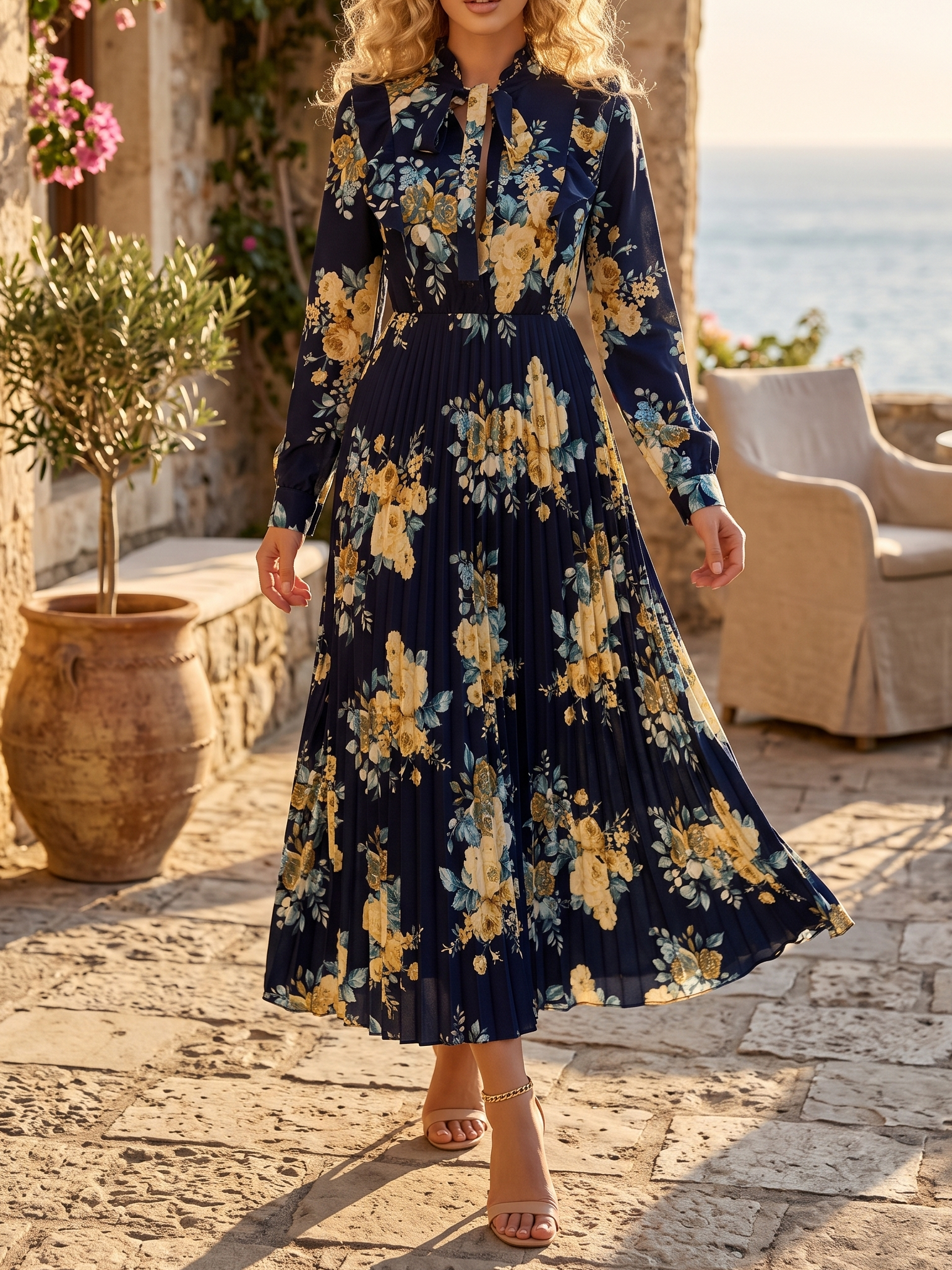 10185 Rochie Lunga Silena Bleumarin cu Print Floral Bej - imagine 1