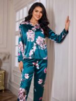 Compleu de Noapte cu Pantalon Nikka Albastra cu Print Floral - imagine 5