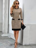Rochie Scurta Eleonor Bej cu Carouri Maro - imagine 5
