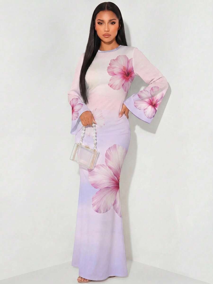 10266 Rochie Lunga Delma Roz cu Print Floral - imagine 1
