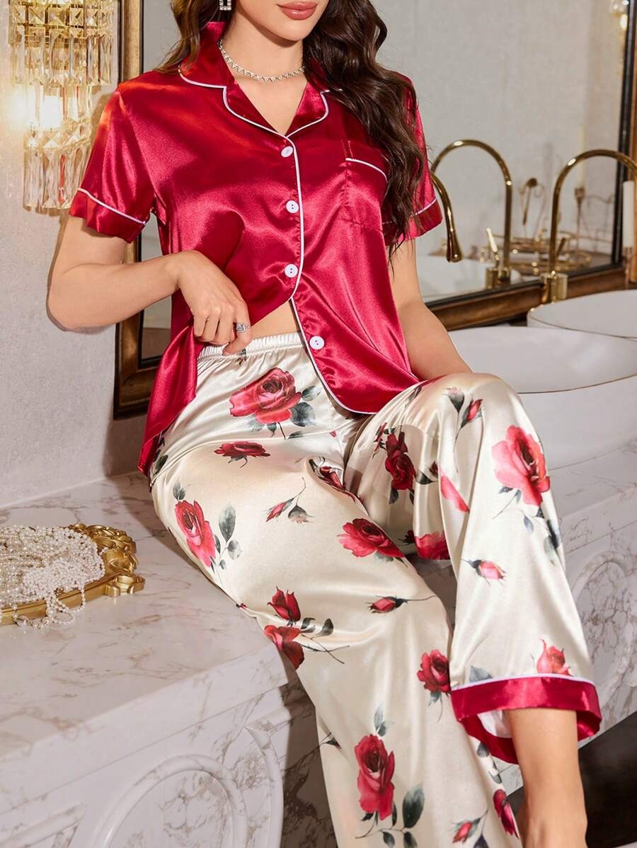 10369 Compleu de Noapte Varda cu Pantalon Bej cu Print Floral - imagine 1