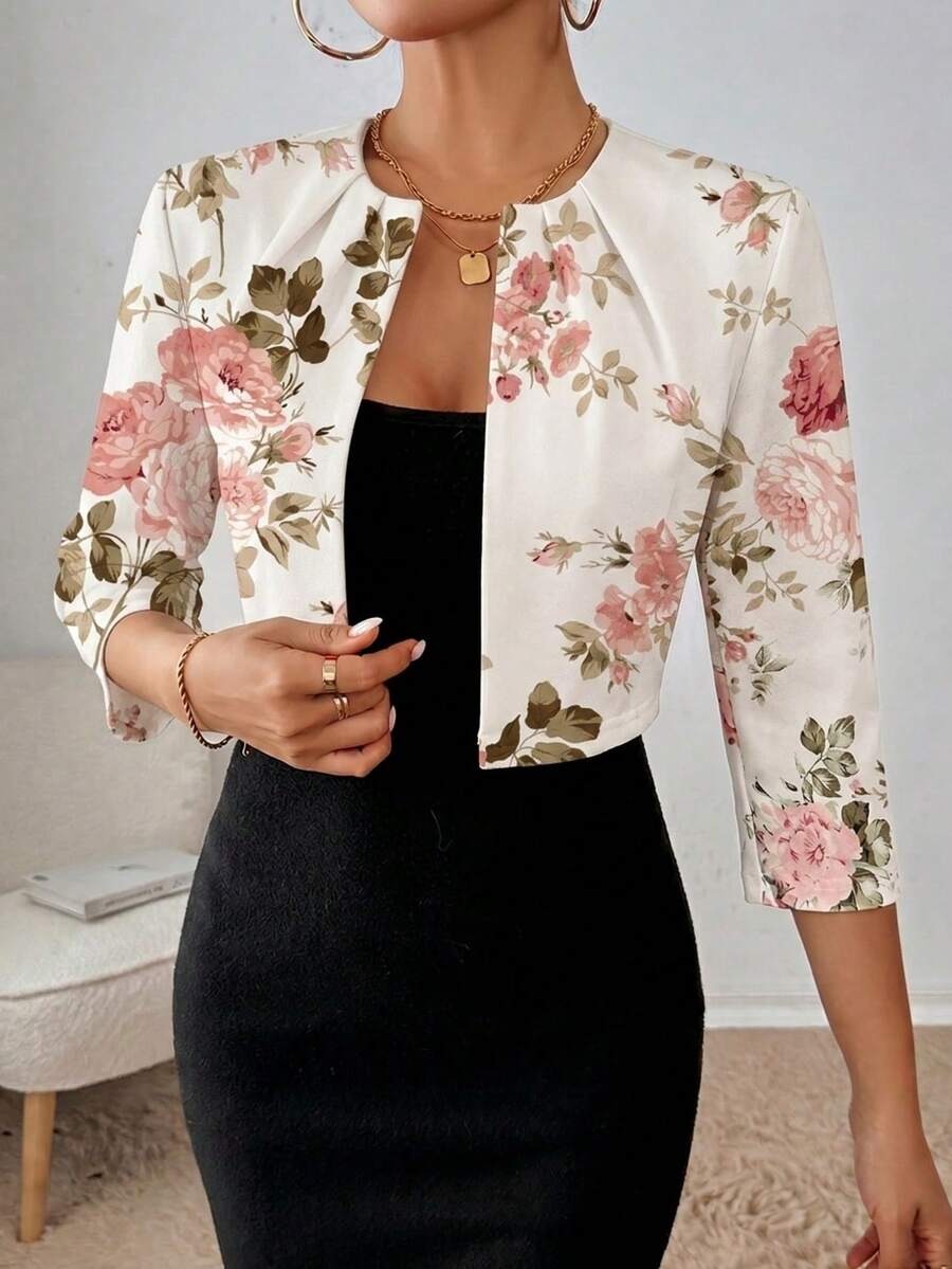 10374 Sacou Dama Samuela Bej cu Print Floral ( fara captuseala ) - imagine 1