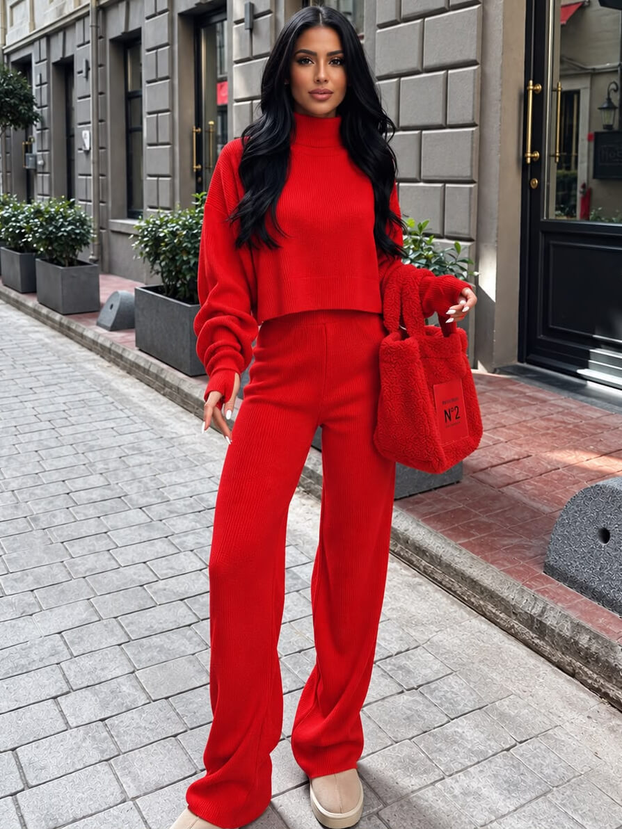 10445 (1) Compleu Tricotat cu Pantalon Simona Rosu - imagine 1