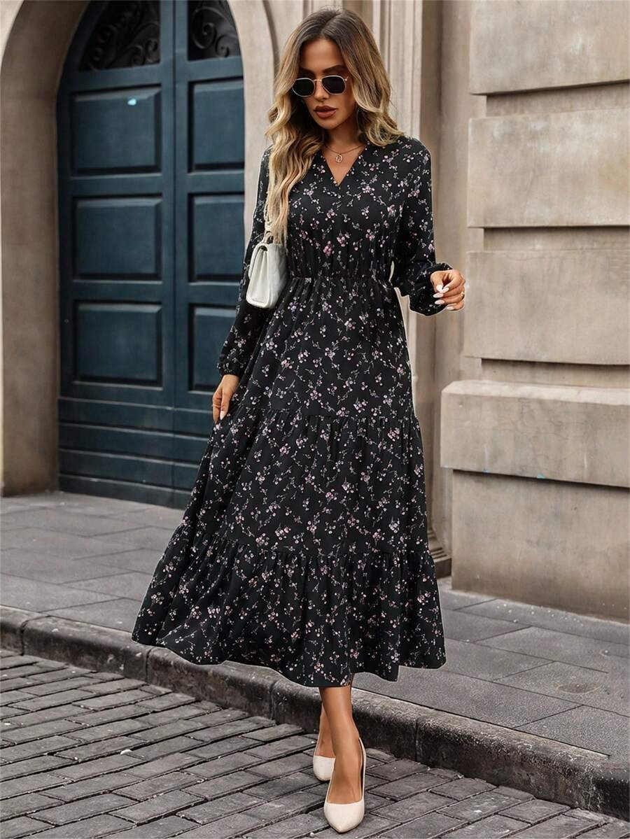 7050 Rochie Midi Armisa Neagra cu Print Floral - imagine 1