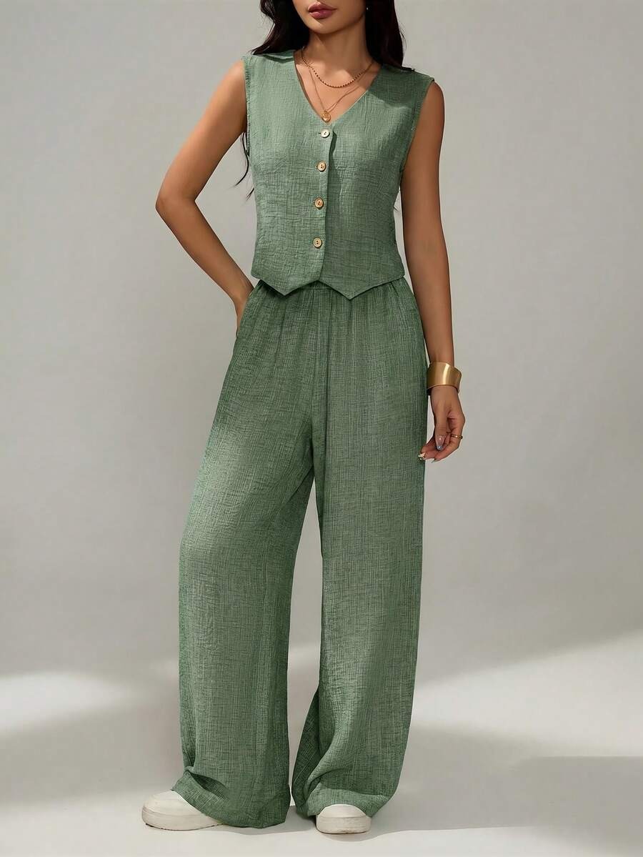 7064 Compleu Fabine Verde Maslin format din Vesta si Pantalon - imagine 1