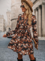 Rochie Scurta Natasa Neagra cu Print Floral Maro - imagine 3