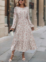 Rochie Lunga Kamal Bej cu Print Floral Roz