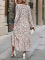 Rochie Lunga Kamal Bej cu Print Floral Roz - imagine 2