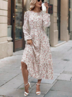 Rochie Lunga Kamal Bej cu Print Floral Roz - imagine 3