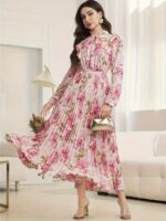 Rochie Lunga Anuska Roz Plisata cu Print Floral - imagine 5
