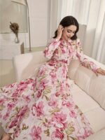 Rochie Lunga Anuska Roz Plisata cu Print Floral - imagine 4