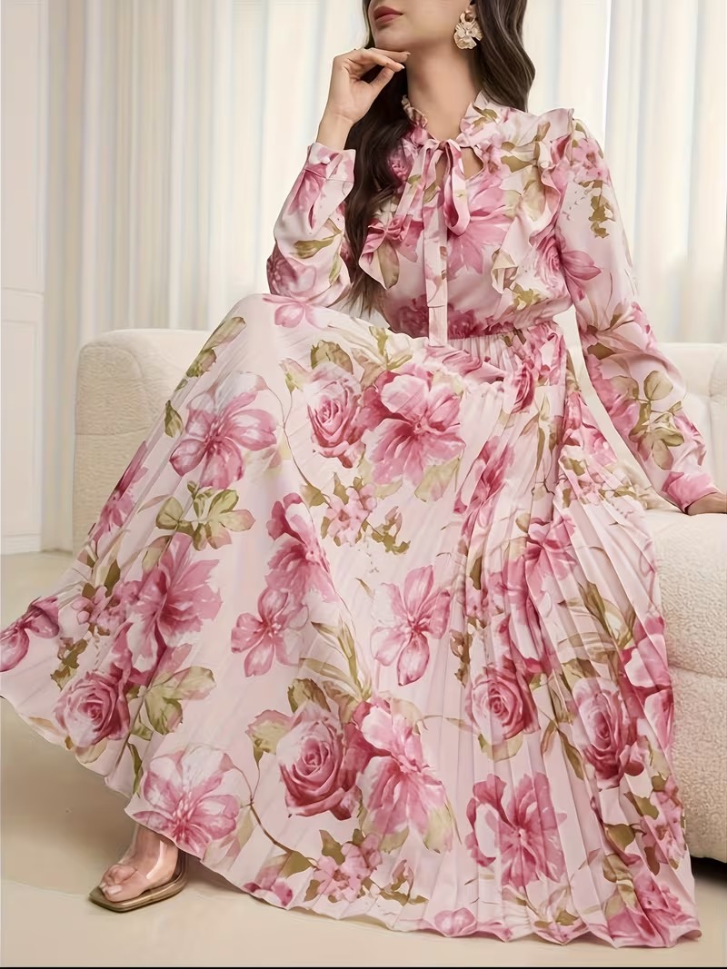 7074 Rochie Lunga Anuska Roz Plisata cu Print Floral - imagine 1