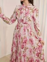 Rochie Lunga Anuska Roz Plisata cu Print Floral - imagine 3