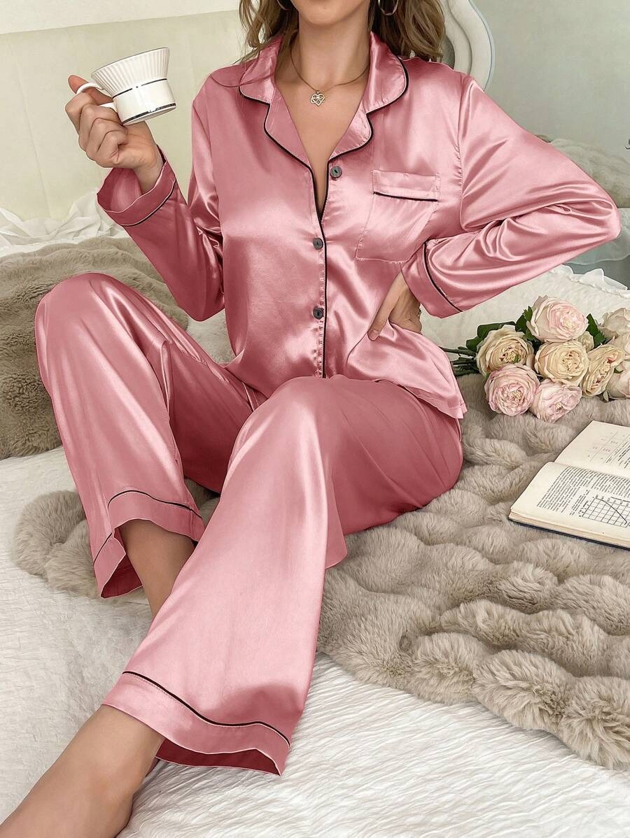 7077 Compleu de Noapte cu Pantalon Elba Roz - imagine 1