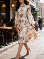 Rochie Midi Ivalo Bej Plisata cu Print Floral Roz - imagine 3