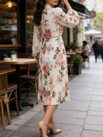 Rochie Midi Ivalo Bej Plisata cu Print Floral Roz - imagine 2