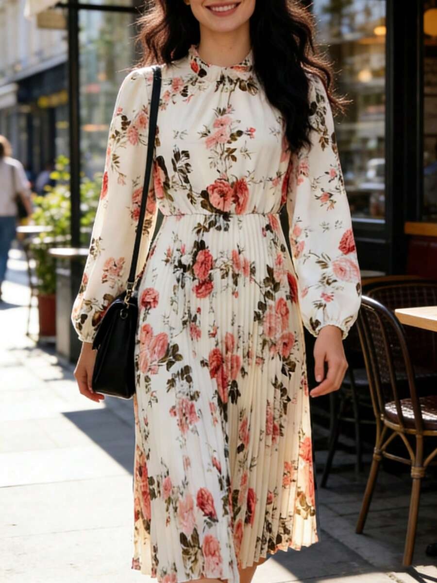 7081 Rochie Midi Ivalo Bej Plisata cu Print Floral Roz - imagine 1