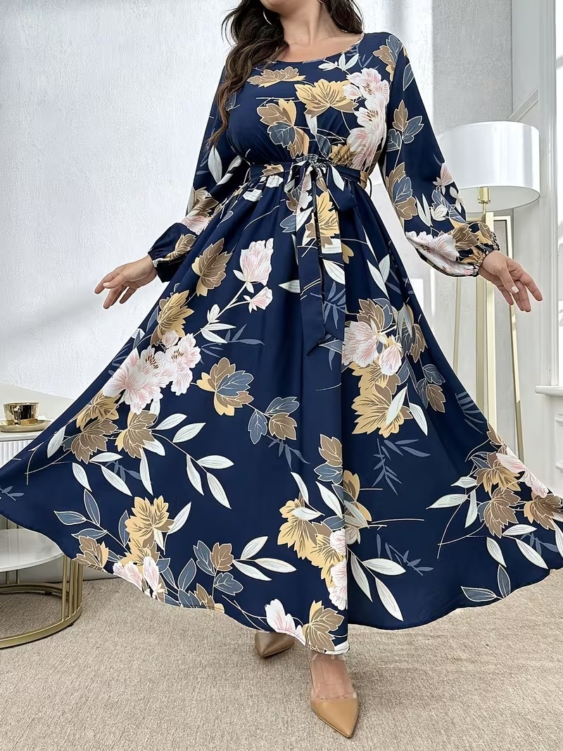 7088 Rochie Lunga Fleur Bleumarin cu Print Floral Bej - Marimi Mari - imagine 1