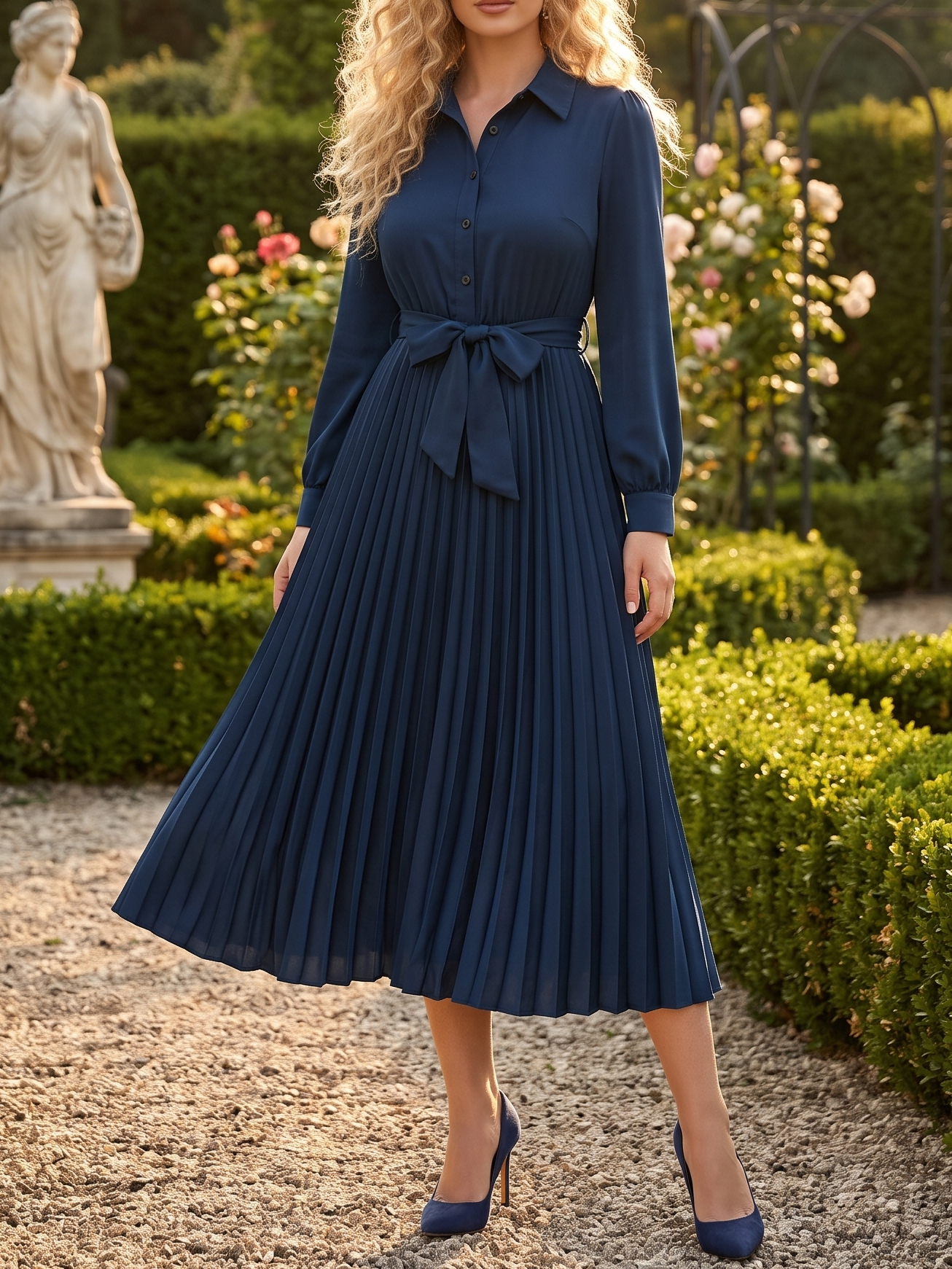 7093 Rochie Midi Alfride Bleumarin Plisata - imagine 1