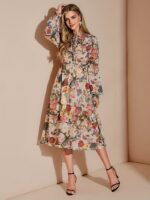 Rochie Midi Katia Bej cu Print Floral - imagine 5