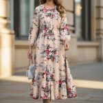 Rochie Lunga Farin Bej cu Imprimeu Floral - imagine 4