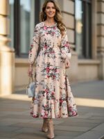 Rochie Lunga Farin Bej cu Imprimeu Floral
