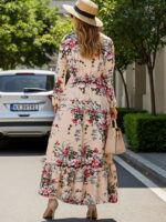 Rochie Lunga Farin Bej cu Imprimeu Floral - imagine 2