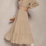 Rochie Midi Amirah Bej cu Dantela - imagine 5