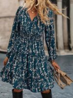Rochie Scurta Federica Turcoaz cu Imprimeu Floral Alb