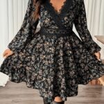 Rochie Scurta Alma Neagra cu Print Floral si Dantela - Marimi Mari - imagine 4
