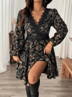 Rochie Scurta Alma Neagra cu Print Floral si Dantela - Marimi Mari - imagine 3